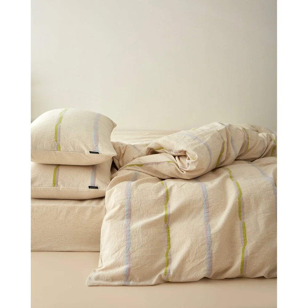 Faith Cotton Linen Striped Duvet Cover Set King Green Top Grade & Natural